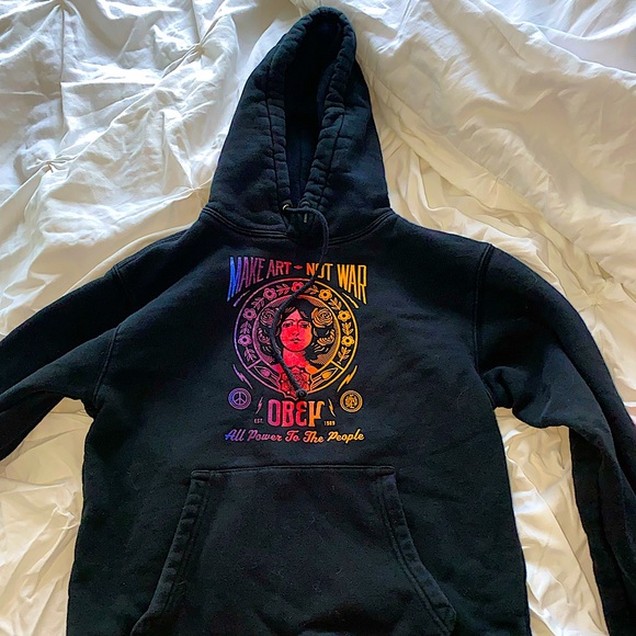 Black hoodie, Brand is Obey